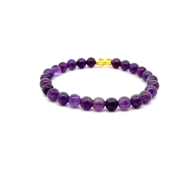 24K Gold Piyao Pixiu Lucky Charm Bracelet Gemstones Amethyst 8mm Size 8 inches